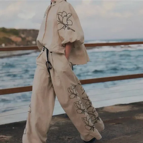 Women Two-Piece Outfit Blouse Wide-Leg Pant Beige Sz S Linen Cotton Loose Fit